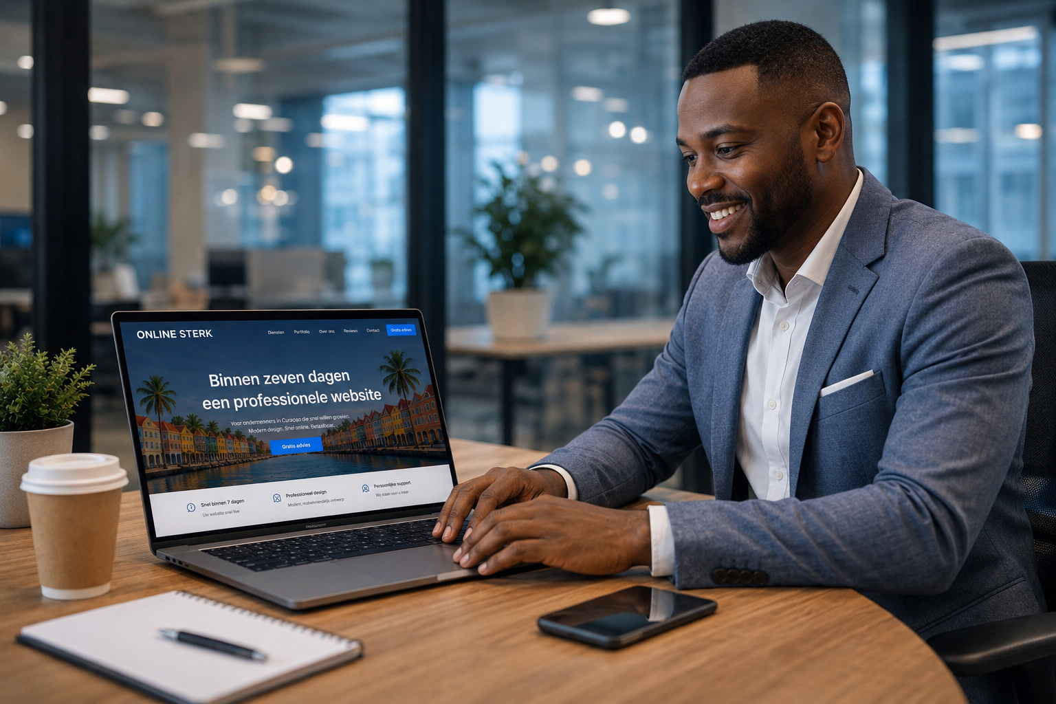Ondernemer bekijkt zijn nieuwe OnlineSterk website op laptop