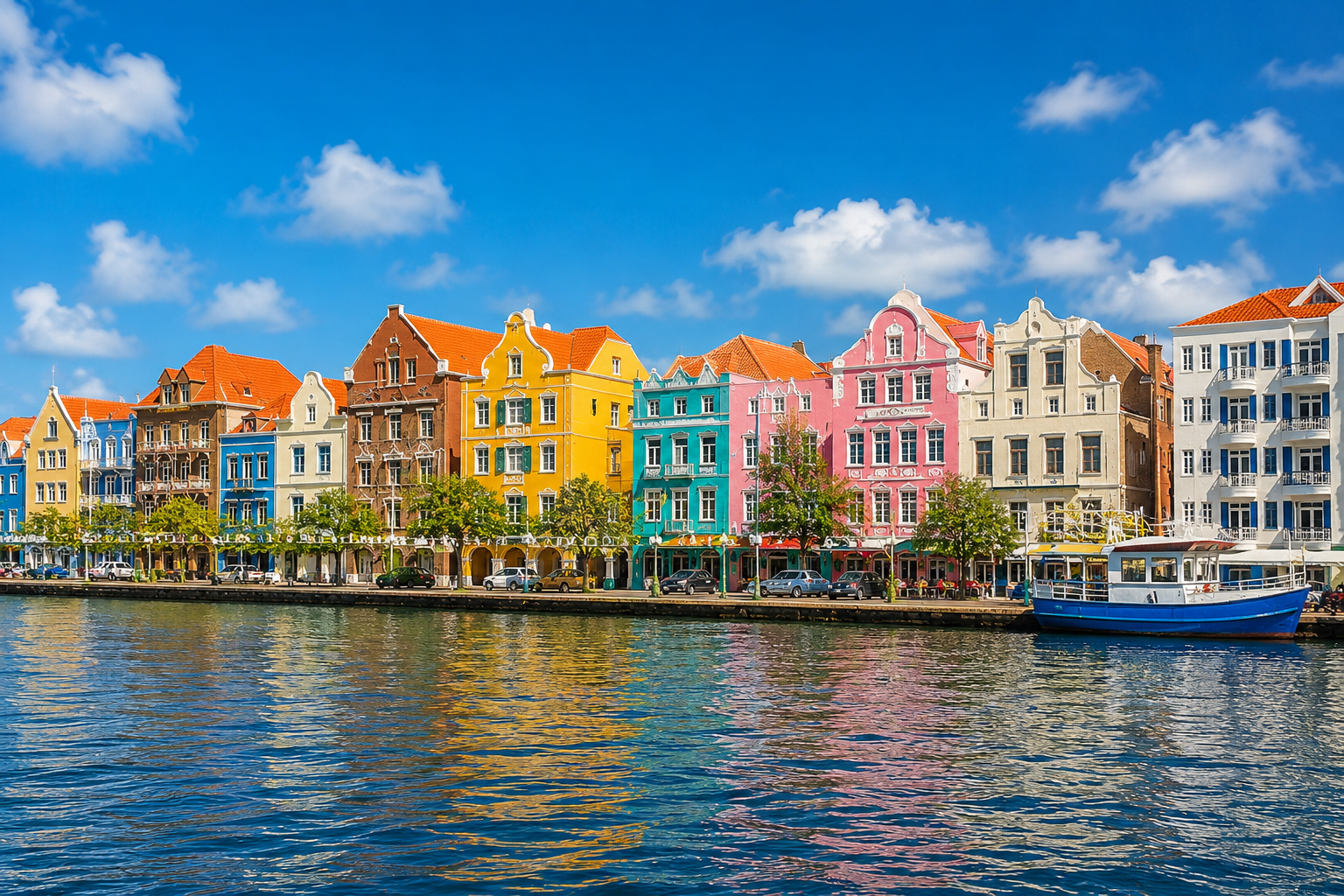 Handelskade Willemstad Curaçao — kleurrijke gevels aan het water